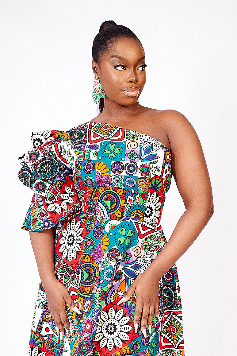 African print one shoulder midi dress