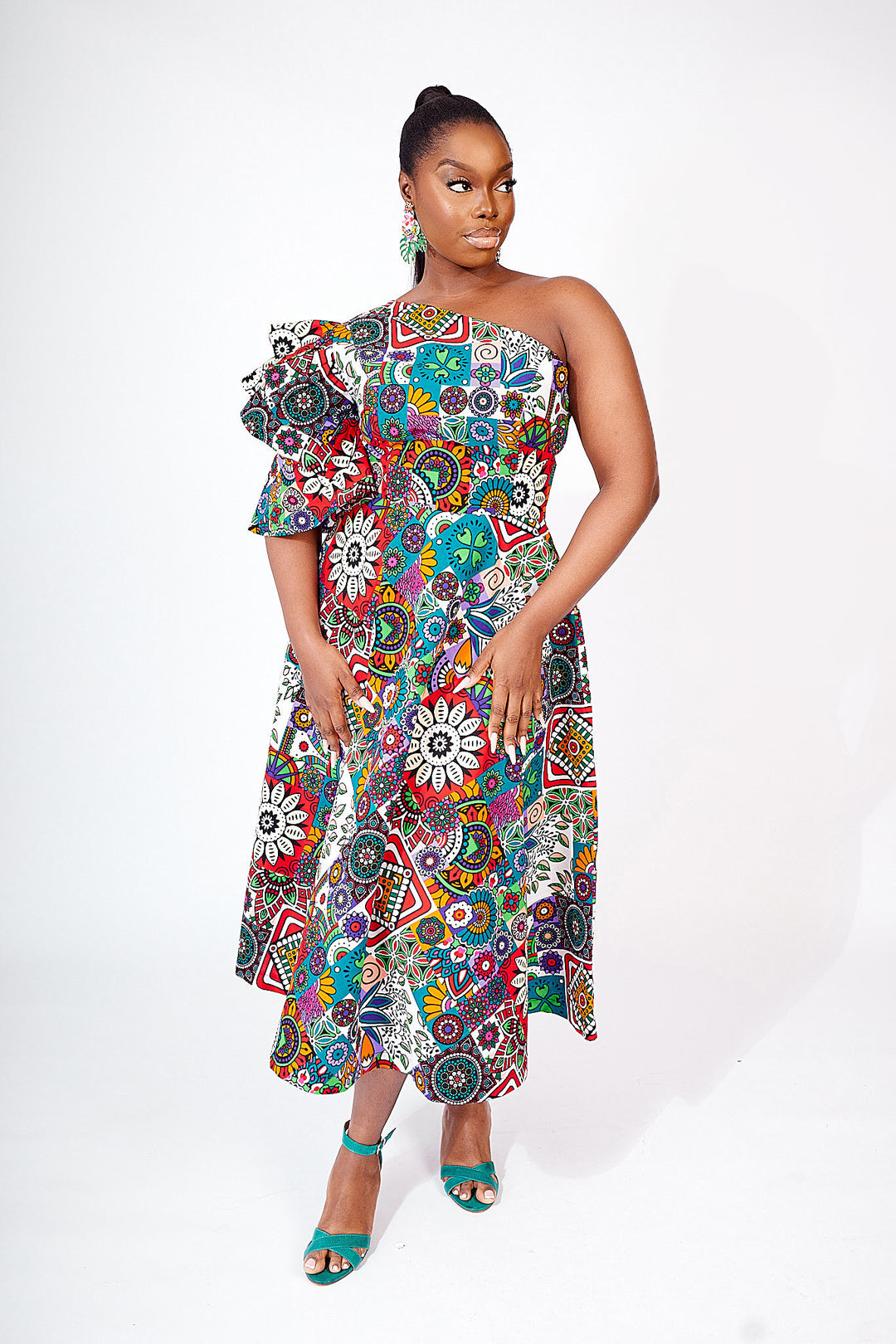 African print one shoulder midi dress