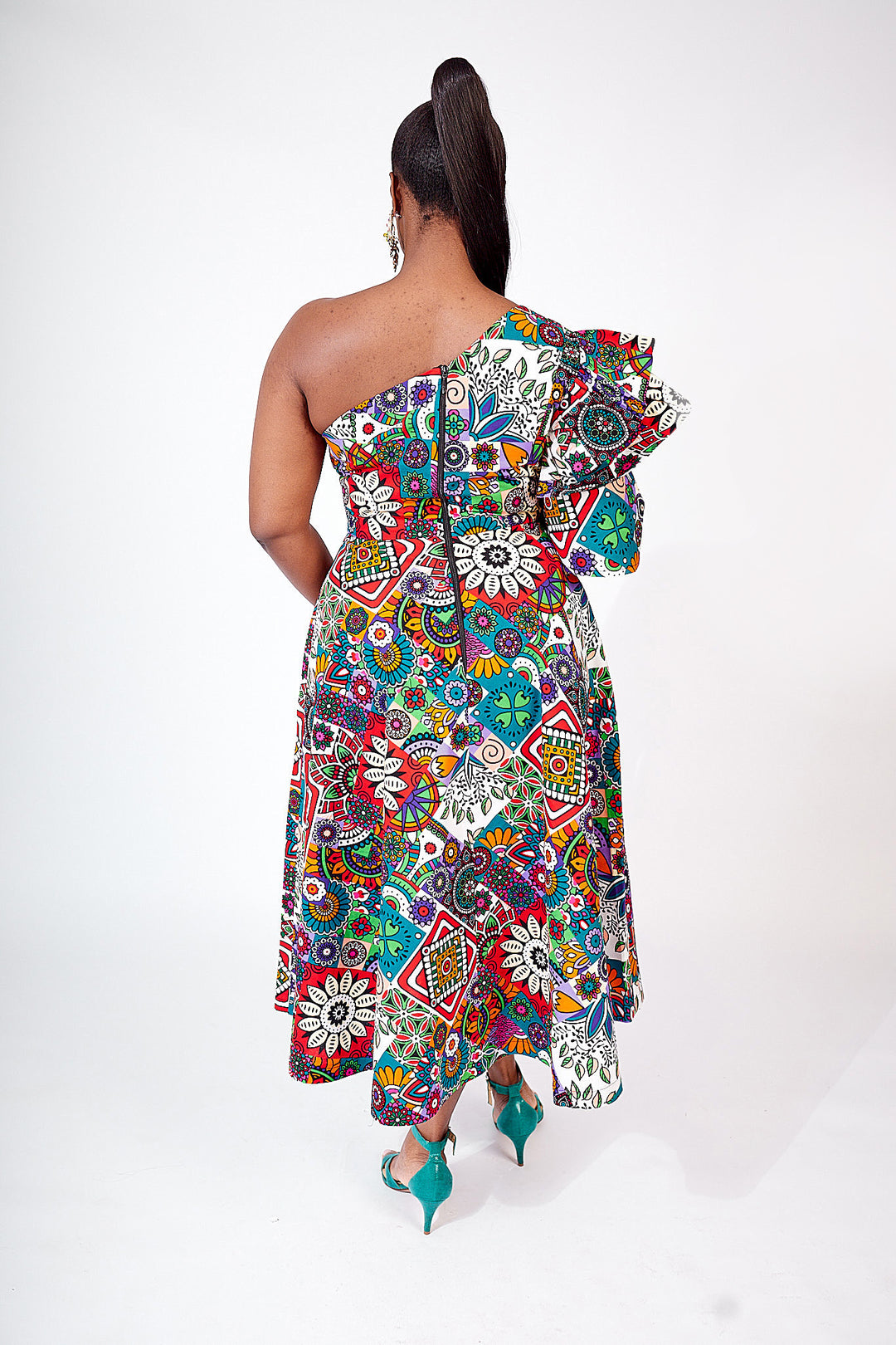 African print one shoulder midi dress