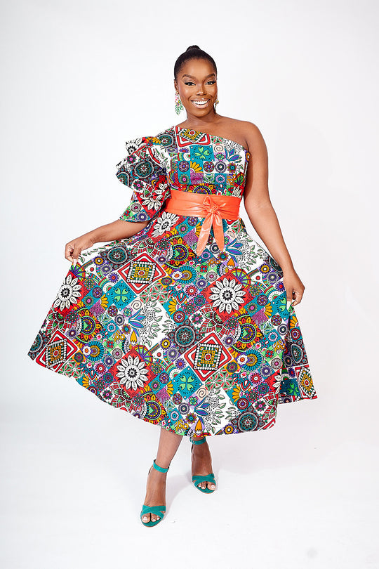 African print one shoulder midi dress