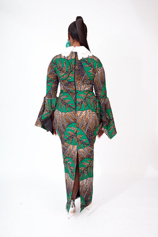 african print maxi dress with long sleeves