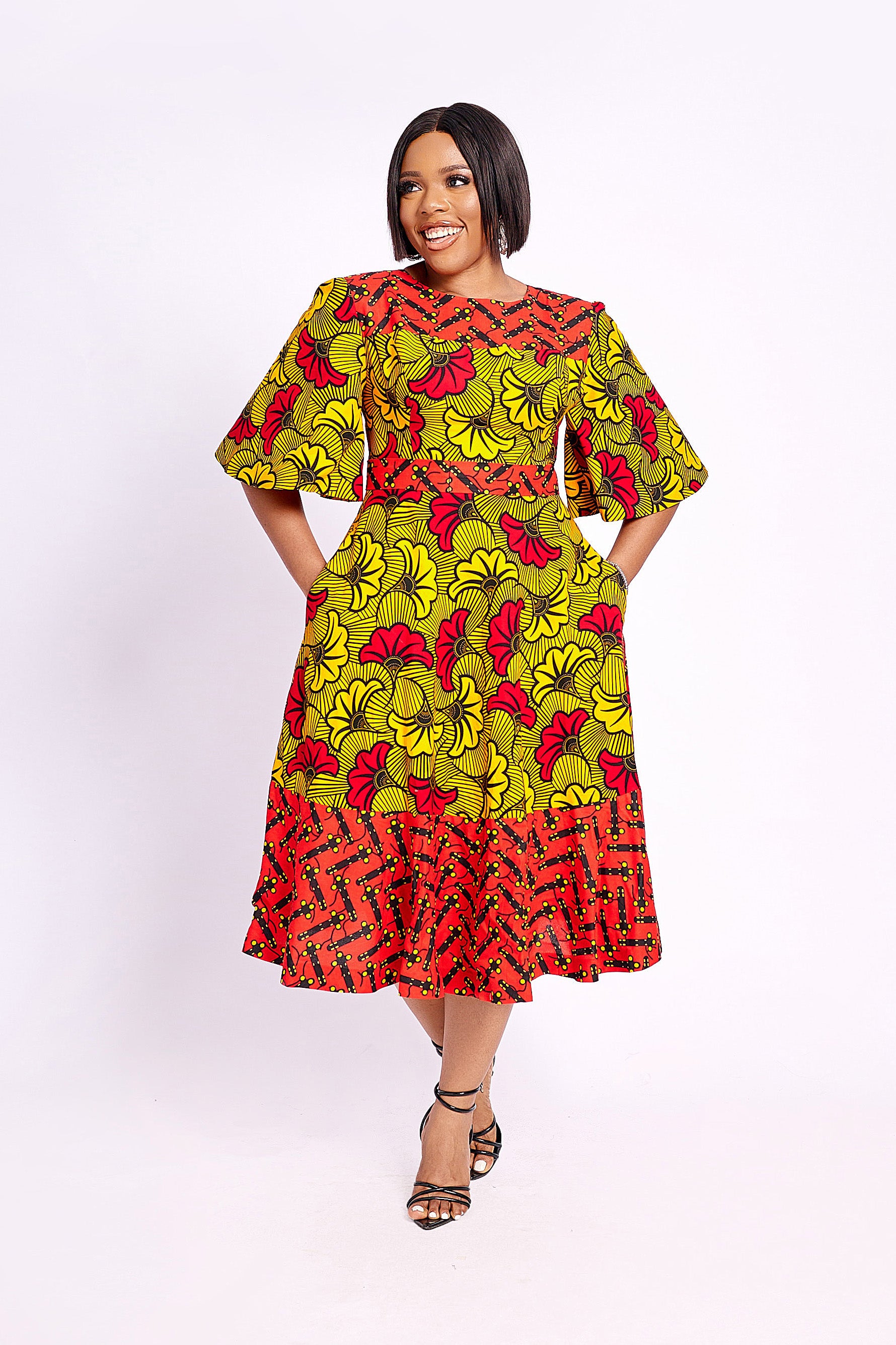 African Print Zahra Midi Dress (Yellow)