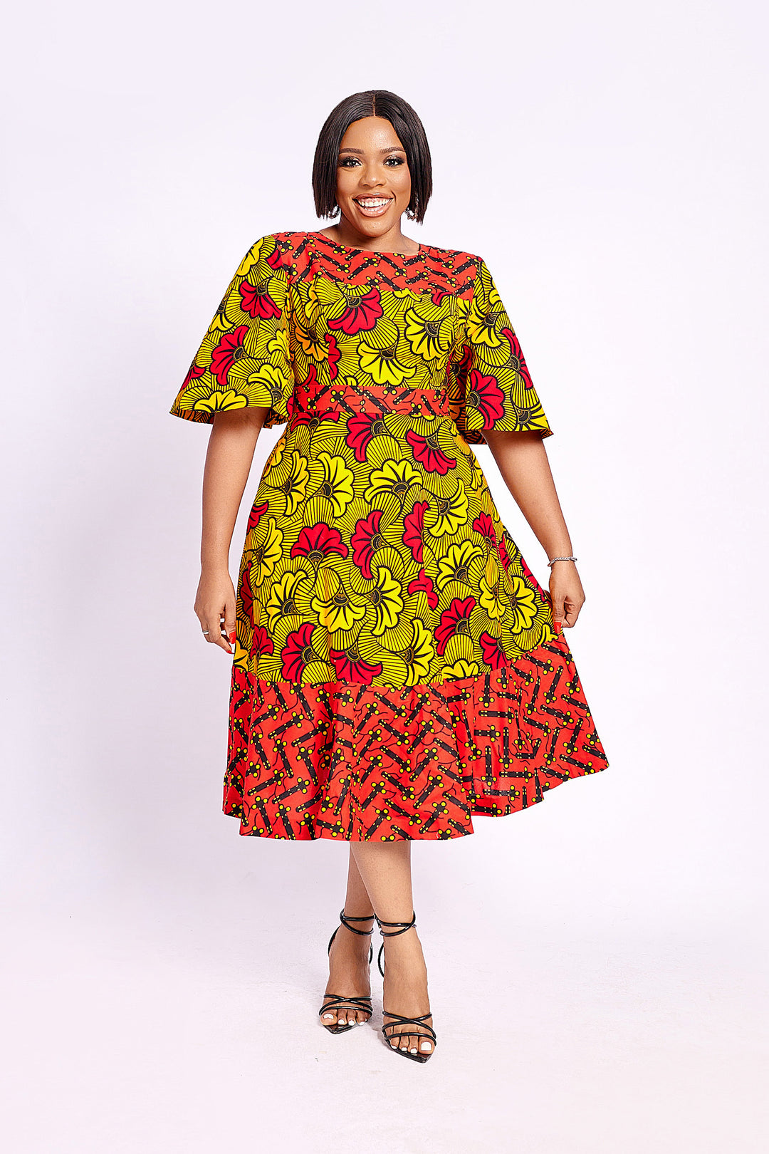 VESTIDO ZAHRA MIDI ESTAMPADO AFRICANO (AMARELO)