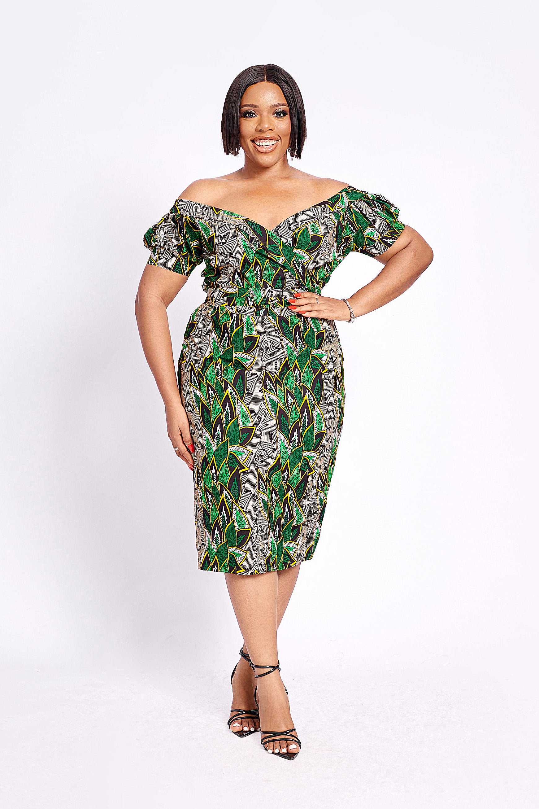 African Print off shoulder Midi Dress