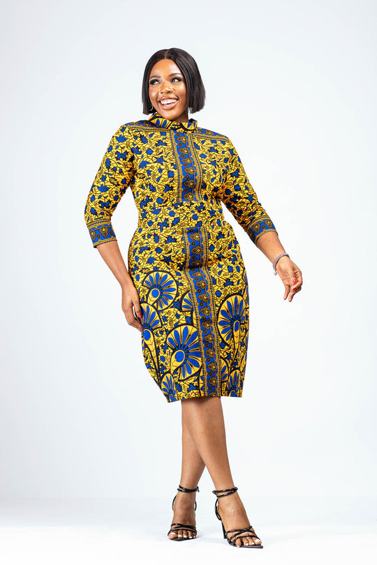 African Print Amina Midi Dress (Yellow) 